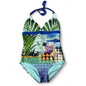 Prana Womens Mixed Tropical Geometric Print Halter One Piece Swimsuit Blue L